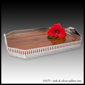 S1675 teak & silver gallery tray rectangular